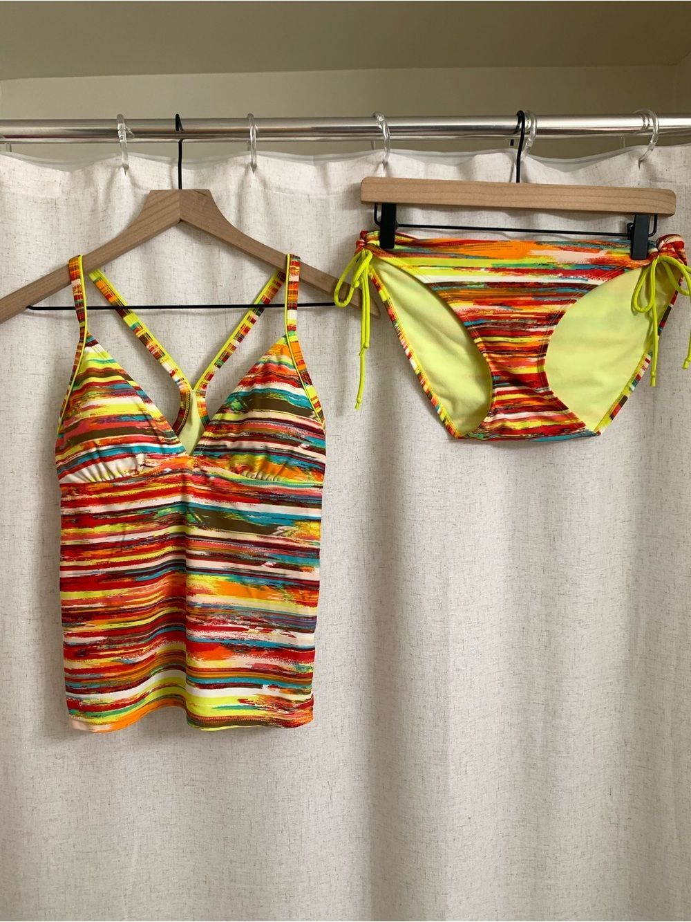 Athleta Sunset Paint Stripe Multicolor Tankini Top Tie Bottoms Y2K Style Set